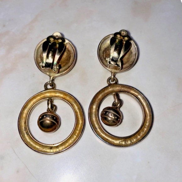 Vintage Gold Tone Drop Dangle Earrings 2" Long Circular Design Statement Jewelry - Picture 3 of 5